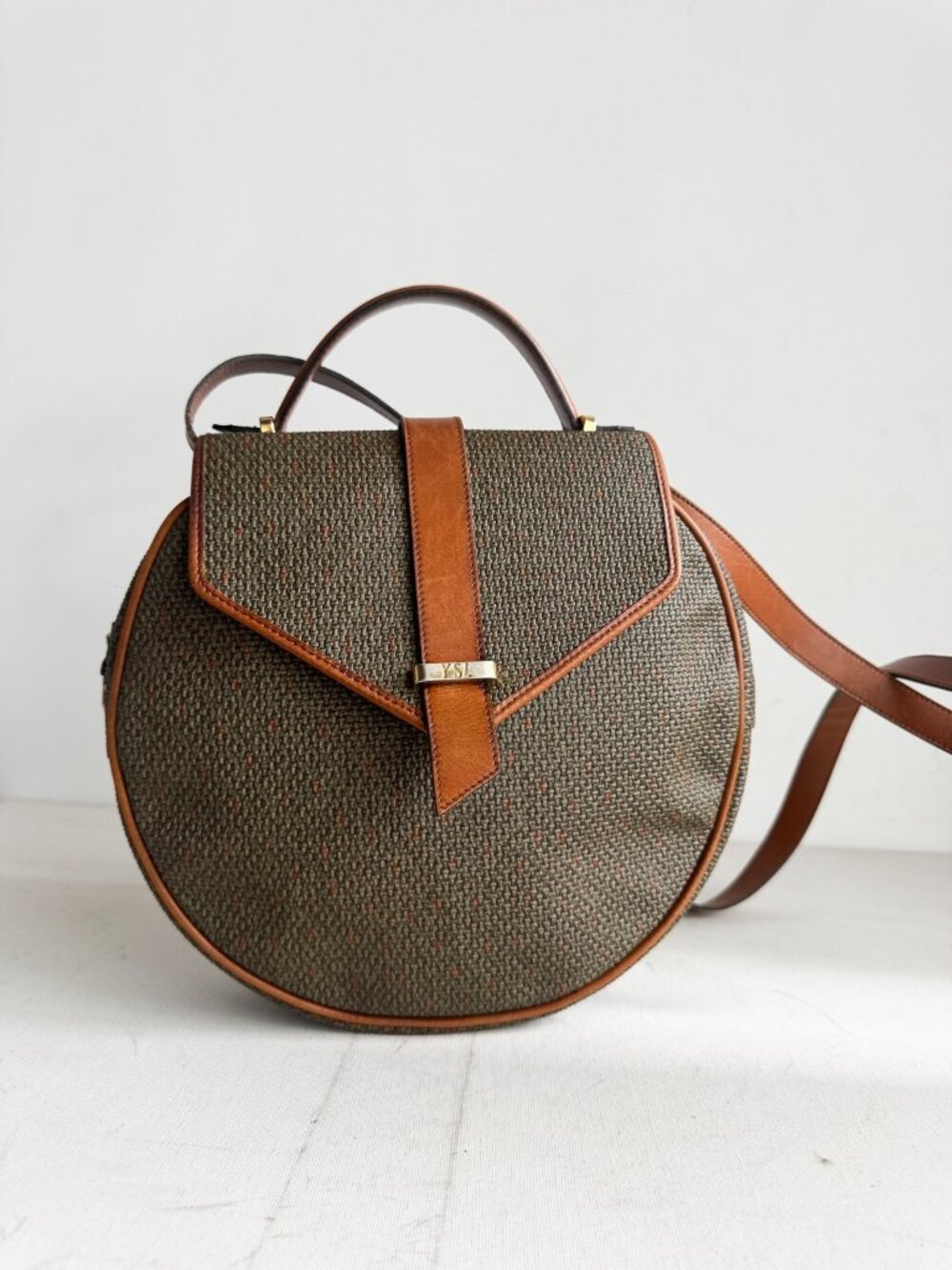 Vintage Yves Saint Laurent Coated Canvas Leather Trim Oval Hand/Crossbody
